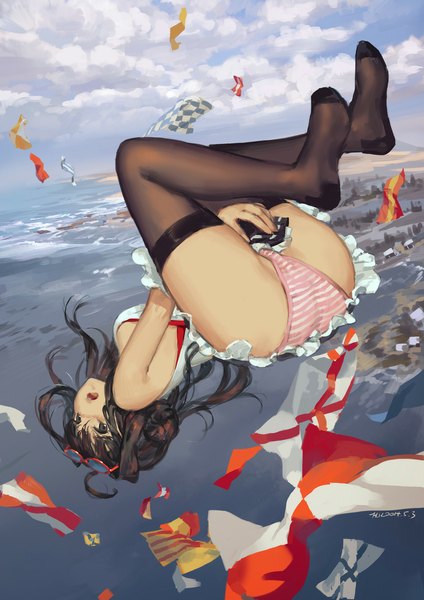 Anime picture 827x1169 with kantai collection kongou battleship hjl single long hair tall image looking at viewer open mouth light erotic brown hair cloud (clouds) ass black eyes upside down nontraditional miko glasses on head girl thighhighs underwear panties