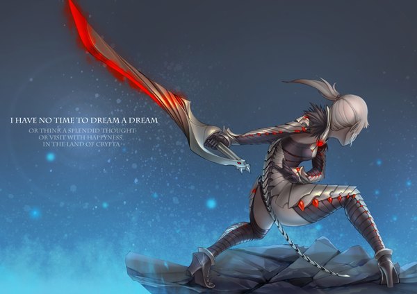 Anime picture 4169x2953 with hellcherr single highres short hair absurdres ponytail pointy ears grey hair from behind inscription girl weapon sword