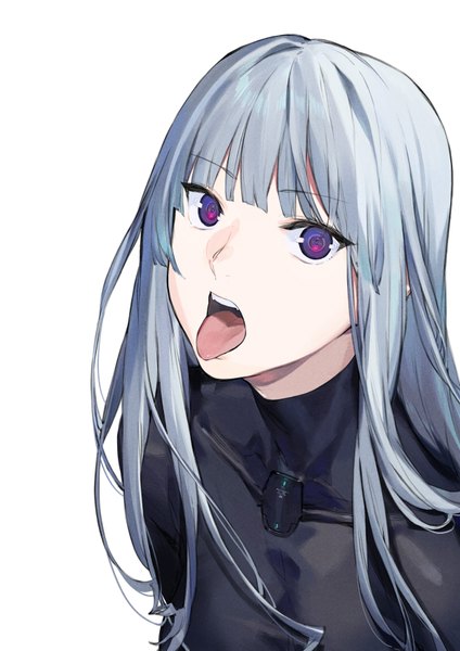 Anime picture 2480x3507 with girls frontline ak-12 (girls frontline) duoyuanjun single long hair tall image looking at viewer fringe highres breasts open mouth simple background white background purple eyes payot silver hair upper body blunt bangs teeth glowing