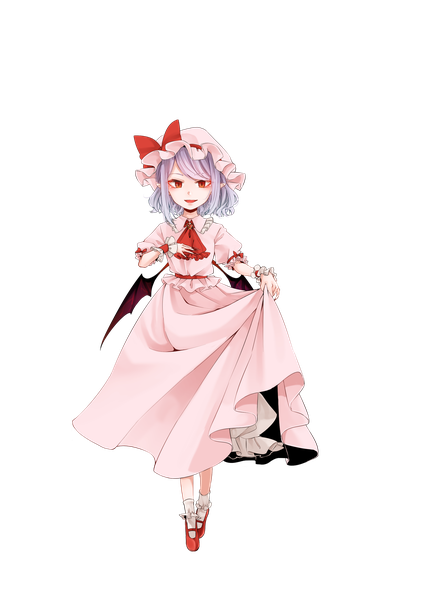 Anime-Bild 2040x2890 mit touhou remilia scarlet souta (karasu no ouchi) single tall image looking at viewer highres short hair open mouth smile red eyes standing purple hair full body nail polish fingernails pointy ears short sleeves puffy sleeves skirt lift