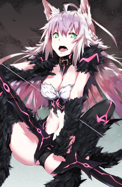 Anime picture 800x1223 with fate (series) fate/grand order atalanta (fate) atalanta (alter) (fate) sahara386 single long hair tall image looking at viewer fringe open mouth light erotic sitting holding green eyes animal ears cleavage silver hair ahoge tail