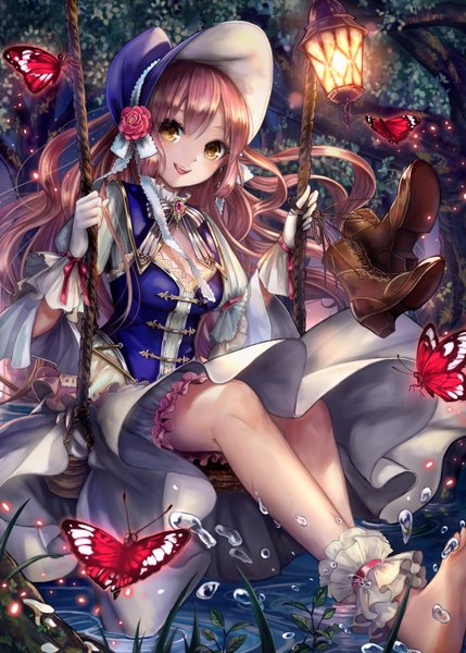 Anime picture 1000x1399 with original pisuke long hair tall image open mouth yellow eyes pink hair barefoot girl dress water boots insect butterfly bonnet