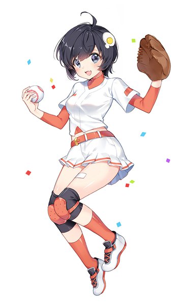 Anime-Bild 700x1159 mit nisemonogatari shaft (studio) monogatari (series) araragi tsukihi pingo single tall image blush short hair open mouth black hair simple background white background full body ahoge black eyes girl socks shorts belt