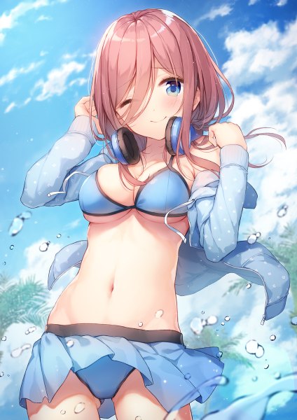 Anime picture 848x1200 with go-toubun no hanayome nakano miku nijihashi sora single long hair tall image looking at viewer blush fringe breasts blue eyes light erotic smile hair between eyes standing sky cleavage cloud (clouds) outdoors head tilt