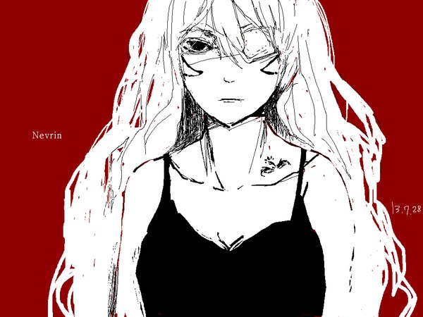 Anime picture 1024x768 with original hzrn (ymj924) single long hair looking at viewer bare shoulders white hair black eyes inscription red background serious girl eyepatch
