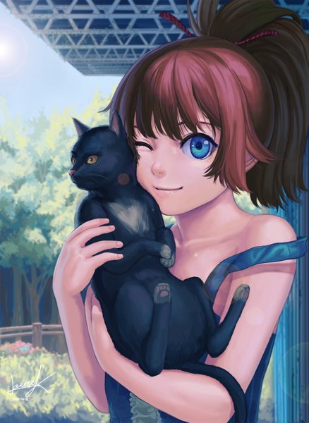 Anime picture 1222x1674 with original lasterk single long hair tall image looking at viewer blue eyes smile bare shoulders ponytail red hair one eye closed wink girl hair ornament animal cat