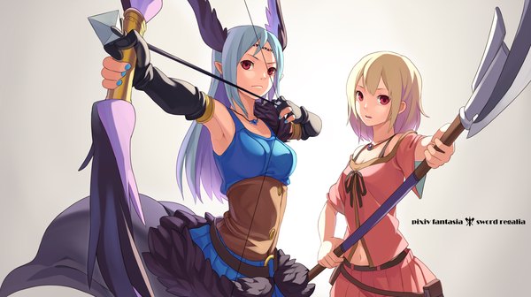 Anime picture 2200x1232 with pixiv fantasia sword regalia selena (pixiv fantasia) fkey long hair highres short hair open mouth blonde hair red eyes wide image multiple girls blue hair nail polish pointy ears short sleeves valkyrie girl skirt gloves bow