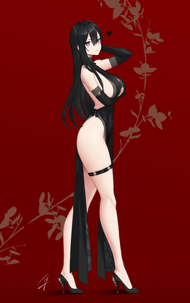Anime picture 2094x3340 with original classy-black-haired girl (hayabusa) hayabusa single long hair tall image looking at viewer blush fringe highres breasts light erotic black hair hair between eyes large breasts standing purple eyes signed traditional clothes mole