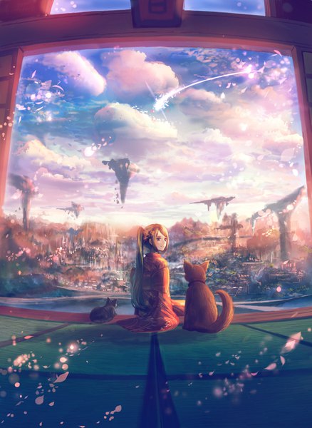 Anime picture 701x960 with original bounin single long hair tall image looking at viewer brown hair sitting brown eyes looking away sky cloud (clouds) full body outdoors ponytail traditional clothes japanese clothes looking back light smile from behind