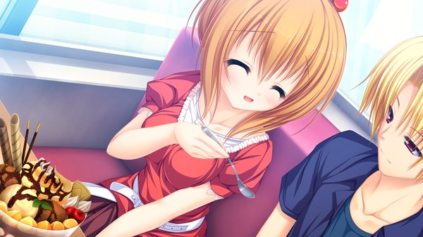 Anime picture 1920x1080 with justy nasty whirlpool (studio) kamui mikaru mikagami mamizu highres short hair open mouth blonde hair red eyes wide image game cg eyes closed orange hair girl dress boy food