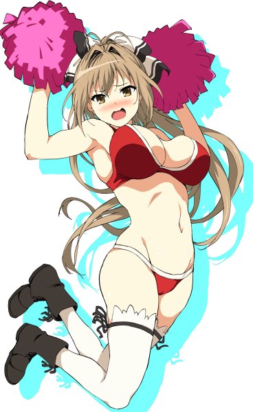 Anime picture 736x1200 with amagi brilliant park kyoto animation sento isuzu yoshiki360 single long hair tall image looking at viewer blush breasts open mouth light erotic simple background brown hair large breasts white background brown eyes ahoge ponytail shadow