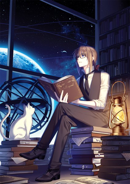 Anime picture 800x1131 with original liluo (jinha) single tall image fringe short hair blue eyes hair between eyes brown hair sitting holding payot looking away full body bent knee (knees) parted lips night night sky crossed legs formal