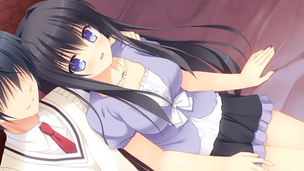 Anime picture 1280x720 with sora tobu hitsuji to manatsu no hana fujigasaki mea takano yuki (allegro mistic) long hair blush short hair blue eyes black hair wide image game cg couple girl dress boy