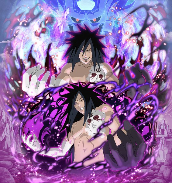 Anime picture 1027x1089 with naruto studio pierrot naruto (series) uchiha madara shiroshikun666 long hair tall image looking at viewer fringe black hair hair between eyes purple eyes looking away upper body one eye closed grin topless face third-party edit dual persona