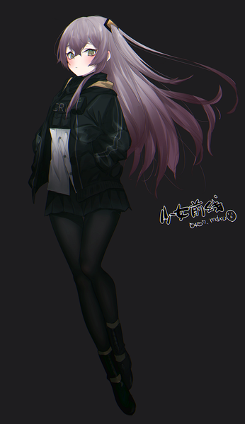 Anime-Bild 711x1231 mit girls frontline ump45 (girls frontline) mimelond single long hair tall image looking at viewer blush fringe simple background green eyes signed full body long sleeves pleated skirt grey hair open jacket one side up floating hair dated