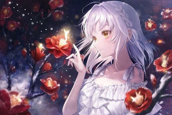 Anime picture 4096x2731 with original yuna (deadawon) fringe highres short hair yellow eyes looking away absurdres silver hair upper body braid (braids) light smile night side braid snow fantasy fairy girl flower (flowers) snowflake (snowflakes)