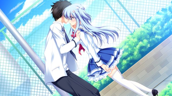 Anime picture 1024x576 with strawberry nauts blush black hair wide image yellow eyes blue hair game cg couple girl thighhighs boy uniform school uniform white thighhighs