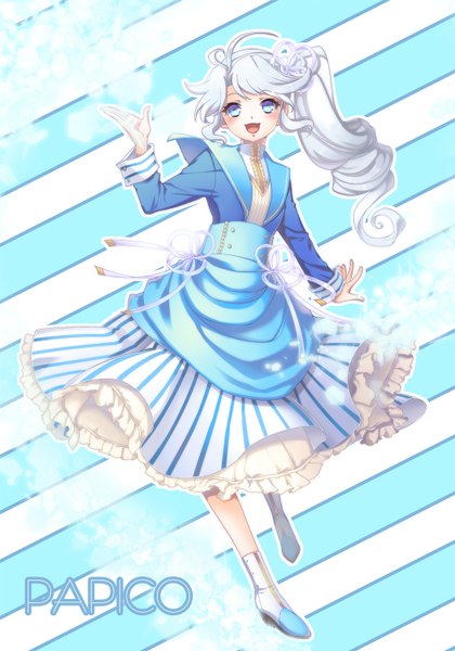 Anime picture 1050x1500 with original papico (ice cream) papico yunoshina single long hair tall image looking at viewer blush open mouth blue eyes white hair ponytail side ponytail girl dress boots
