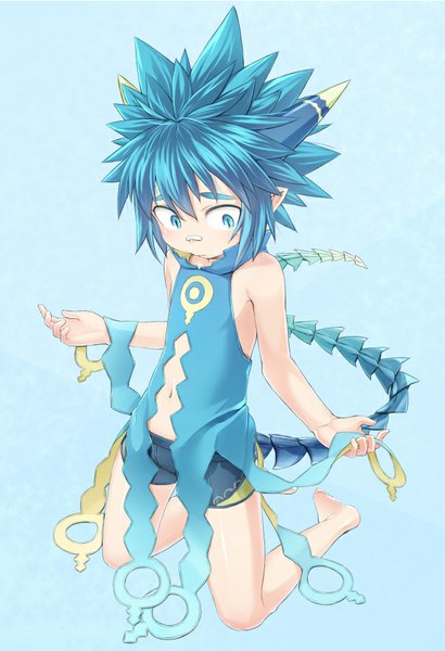 Anime picture 620x906 with summon night lyurm (summon night) ell single tall image blush short hair blue eyes simple background blue hair tail pointy ears blue background bandaid on nose boy navel bandaid clothes swimming trunks