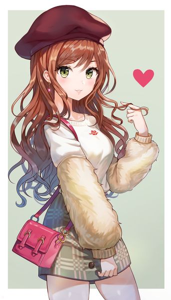 Anime picture 2315x4042 with bang dream! imai lisa tokkyu single long hair tall image looking at viewer blush fringe highres breasts simple background smile hair between eyes brown hair standing green eyes long sleeves parted lips lips