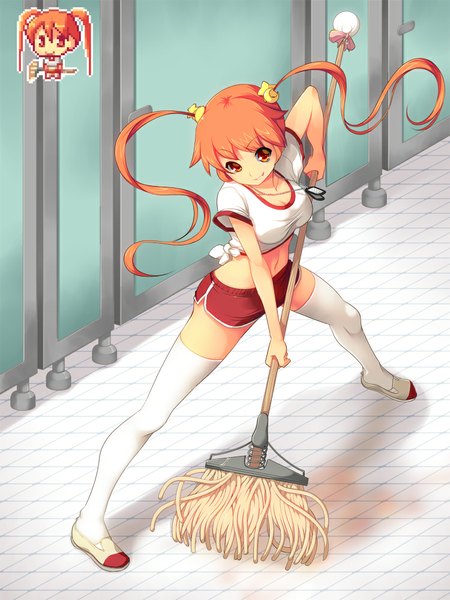 Anime picture 750x1000 with original koflif single long hair tall image looking at viewer light erotic red eyes twintails orange hair girl thighhighs white thighhighs shorts mop