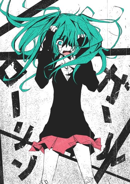 Anime picture 620x877 with vocaloid rolling girl (vocaloid) hatsune miku yuki kagamine long hair tall image fringe open mouth twintails aqua eyes wind hair over one eye aqua hair text looking down screaming bandaid on face bandaid on leg hands on head bandaid on knee