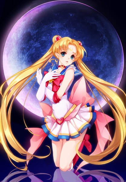 Anime picture 764x1098 with bishoujo senshi sailor moon toei animation tsukino usagi sailor moon lin lin single tall image looking at viewer blue eyes blonde hair twintails very long hair girl gloves hair ornament boots white gloves moon sailor suit