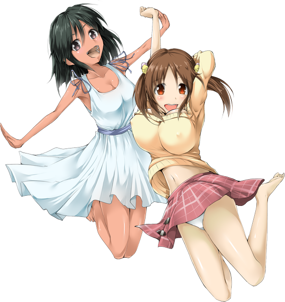 Anime picture 1559x1653 with solru (tyappygain) tall image looking at viewer short hair breasts open mouth light erotic black hair red eyes brown hair large breasts multiple girls brown eyes barefoot pantyshot dark skin transparent background girl skirt navel