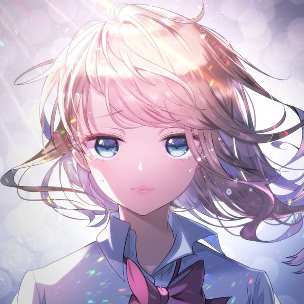 Anime picture 1500x1500 with original nasubi (w.c.s) single long hair looking at viewer fringe blue eyes blonde hair upper body wind sunlight tears open collar girl shirt white shirt bowtie