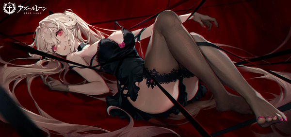 Anime picture 1487x700 with azur lane anchorage (azur lane) ttosom single long hair looking at viewer fringe breasts light erotic hair between eyes red eyes brown hair wide image large breasts twintails full body bent knee (knees) lying nail polish parted lips