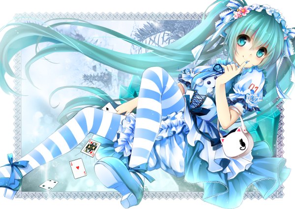 Anime picture 2480x1756 with vocaloid hatsune miku gyaza long hair highres twintails aqua eyes aqua hair finger to mouth girl dress ribbon (ribbons) hair ribbon shoes frills card (cards)