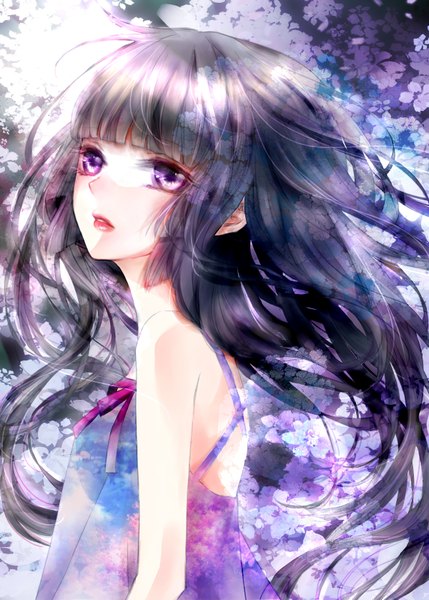 Anime picture 1200x1677 with original maredoro xinicole single long hair tall image black hair purple eyes bare shoulders looking away girl dress flower (flowers)