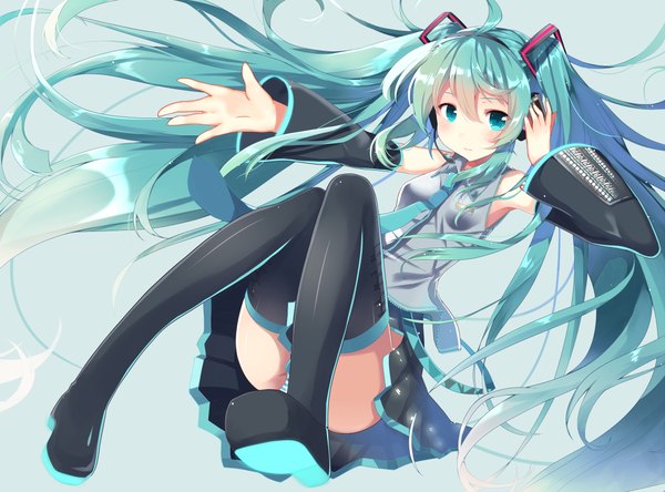 Anime picture 1100x814 with vocaloid hatsune miku abusoru single blush light erotic simple background smile twintails bent knee (knees) very long hair pleated skirt aqua eyes aqua hair armpit (armpits) tattoo hand on headphones girl thighhighs skirt