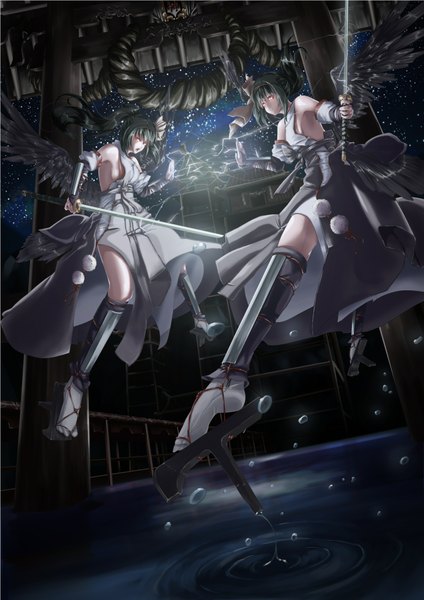 Anime picture 1414x2000 with original sorufu (artist) long hair tall image open mouth black hair red eyes multiple girls night magic black wings weightlessness girl thighhighs 2 girls sword wings torii