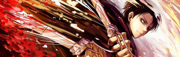 Anime picture 1500x480 with shingeki no kyojin production i.g levi (rivaille) angel31424 short hair red eyes brown hair wide image holding fighting stance dual wielding battle boy weapon sword blood