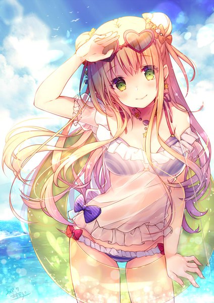 Anime picture 700x990 with original azu torako single long hair tall image looking at viewer blush fringe breasts light erotic smile brown hair standing green eyes signed payot sky cleavage cloud (clouds) outdoors