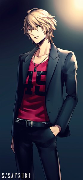 Anime picture 522x1123 with uta no prince-sama a-1 pictures shinomiya satsuki teinpomu single tall image looking at viewer short hair blonde hair standing green eyes lips alternate costume character names dark background hand in pocket boy belt pendant pants