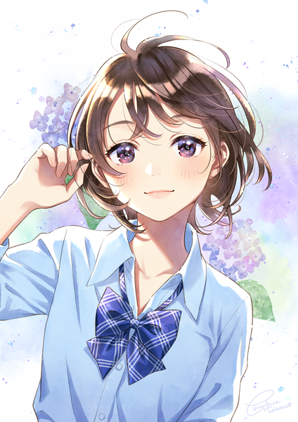 Anime picture 1157x1637 with original morikura en single tall image looking at viewer blush fringe short hair simple background brown hair purple eyes profile arm up light smile open collar floral background bob cut girl uniform school uniform