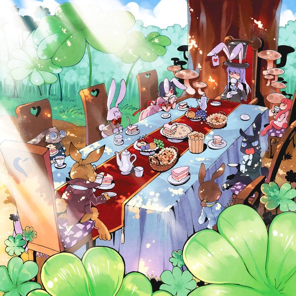 Anime picture 2144x2144 with alice in wonderland touhou reisen udongein inaba inaba tewi hakonekohime highres red eyes animal ears purple hair bunny ears bunny girl parody girl plant (plants) hat tree (trees) food sweets cake bunny