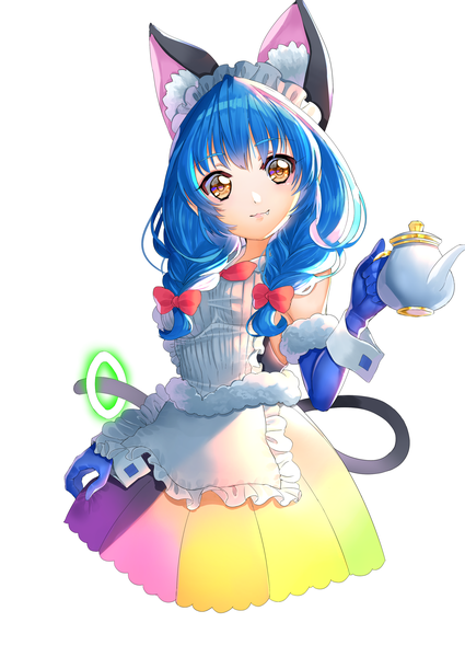 Anime picture 2508x3541 with precure star twinkle precure toei animation yuni (precure) yuutarou (fukiiincho) single long hair tall image looking at viewer highres simple background white background brown eyes animal ears blue hair tail braid (braids) animal tail cat ears maid