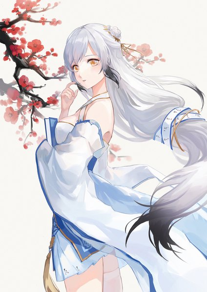 Anime picture 1240x1754 with azur lane hai tien (azur lane) sensu single tall image standing yellow eyes looking away silver hair very long hair low ponytail plum blossoms girl flower (flowers) detached sleeves tassel branch