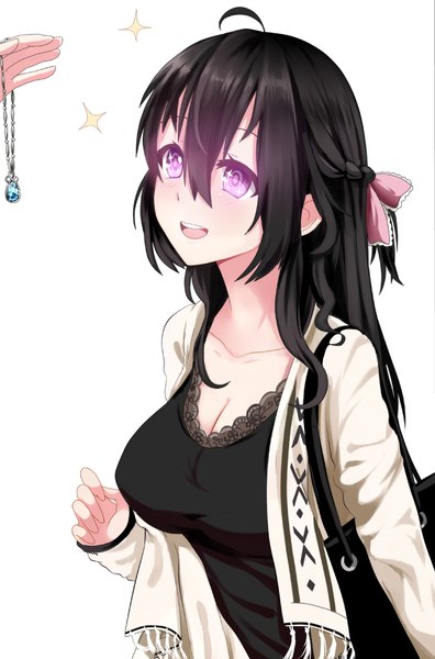 Anime picture 665x1006 with original miyaura sanshio beifeng han long hair tall image breasts open mouth black hair smile hair between eyes large breasts white background purple eyes looking away cleavage :d open clothes sparkle girl bow