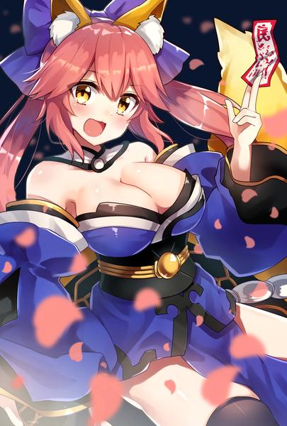 Anime picture 1378x2039 with fate (series) fate/extra tamamo (fate) (all) tamamo no mae (fate) ichiren namiro single tall image looking at viewer blush fringe breasts open mouth light erotic simple background smile hair between eyes large breasts twintails bare shoulders holding