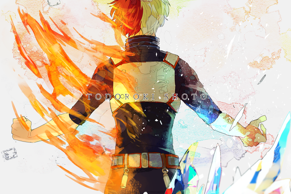 Anime picture 1125x750 with boku no hero academia studio bones todoroki shouto wotakuhonnou single short hair standing white hair red hair multicolored hair from behind two-tone hair character names text back magic spread arms fighting stance boy uniform
