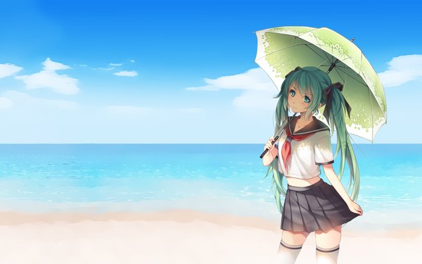 Anime picture 1920x1200 with vocaloid hatsune miku tidsean single long hair looking at viewer blush highres wide image twintails sky cloud (clouds) aqua eyes sunlight aqua hair beach third-party edit girl thighhighs skirt