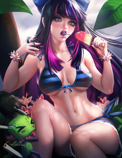 Anime picture 1314x1700 with panty & stocking with garterbelt anarchy stocking sakimichan single long hair tall image looking at viewer blush fringe breasts open mouth blue eyes light erotic large breasts sitting holding signed purple hair nail polish multicolored hair