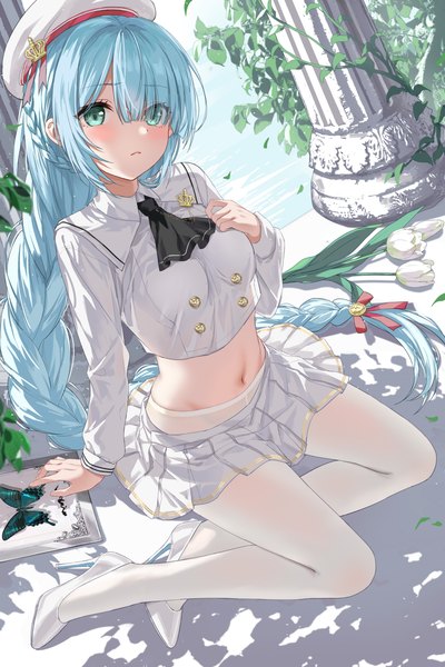 Anime picture 1890x2834 with azur lane janus (azur lane) janus (fear of changing...clothes) (azur lane) devil heavens single tall image fringe highres breasts sitting green eyes blue hair looking away full body braid (braids) long sleeves very long hair pleated skirt hair over one eye arm support