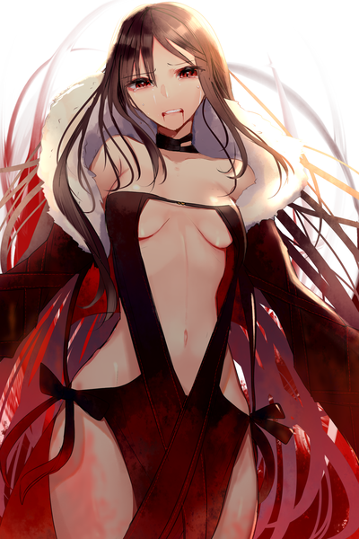 Anime picture 2000x3000 with fate (series) fate/grand order yu mei-ren (fate) guri1105 single long hair tall image looking at viewer fringe highres breasts light erotic simple background hair between eyes red eyes brown hair large breasts standing white background payot