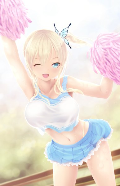 Anime picture 1200x1859 with boku wa tomodachi ga sukunai kashiwazaki sena cait single long hair tall image looking at viewer blush fringe breasts open mouth blue eyes light erotic blonde hair standing bare shoulders head tilt one eye closed arm up wink