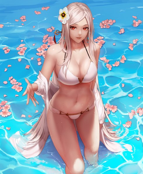 Anime picture 4915x6000 with dungeon and fighter monaim single tall image looking at viewer fringe highres breasts light erotic blonde hair red eyes large breasts standing bare shoulders payot absurdres cleavage very long hair parted lips hair flower